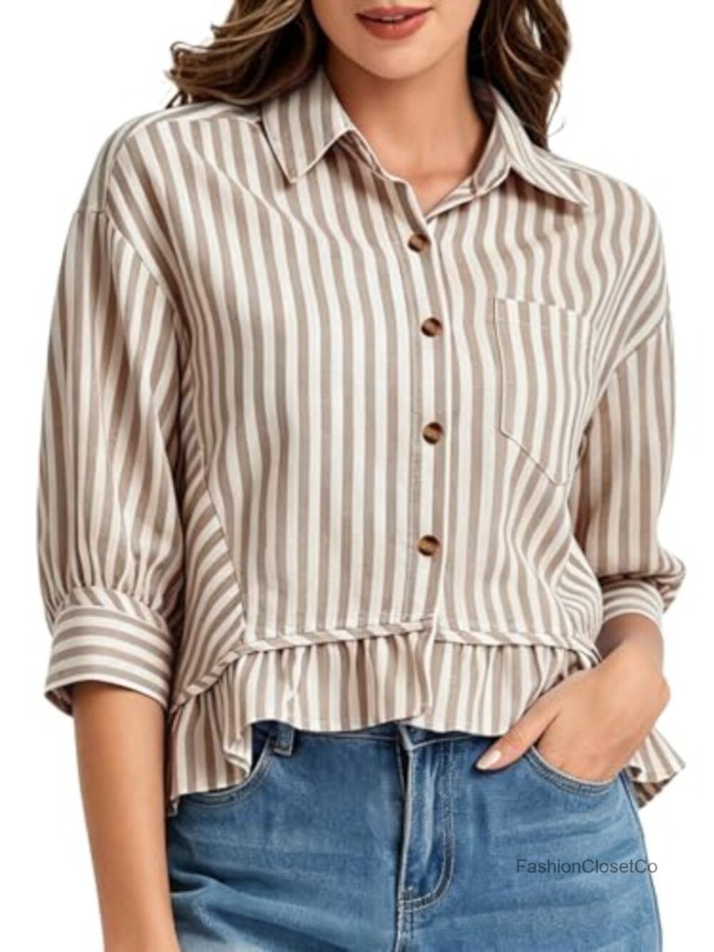 Women's Striped Cotton Button Down Cropped Blouse 3/4 Sleeve Ruffle Hem Casual